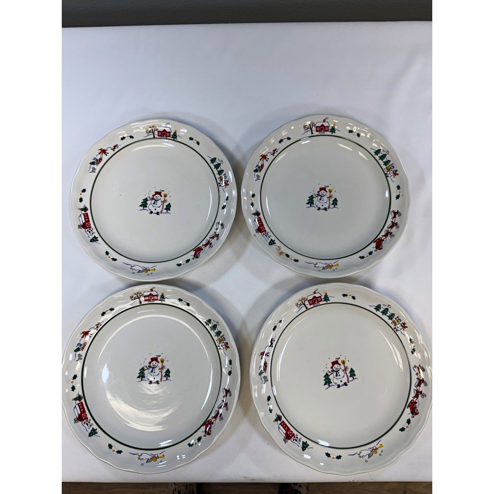 Pfaltzgraff Snow Village Christmas Snowman 11in Dinner Plates Set of 4 Ceramic